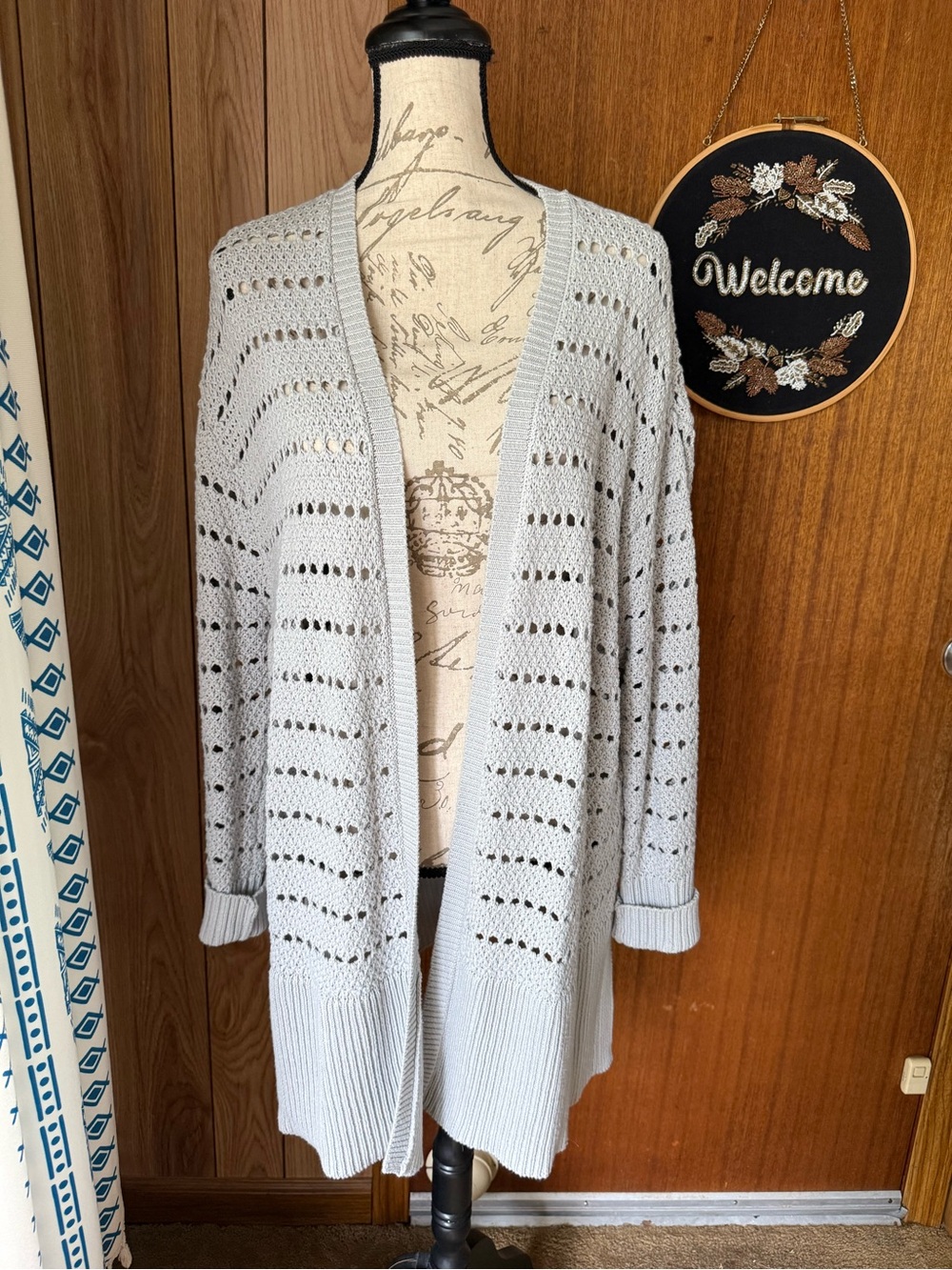 Light Gray Open-Front Crochet Knit Cardigan